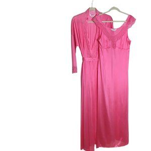 VTG Vanity Fair M Robe Nightgown Peignoir Set Barbie Pink Satin & Lace Pocket